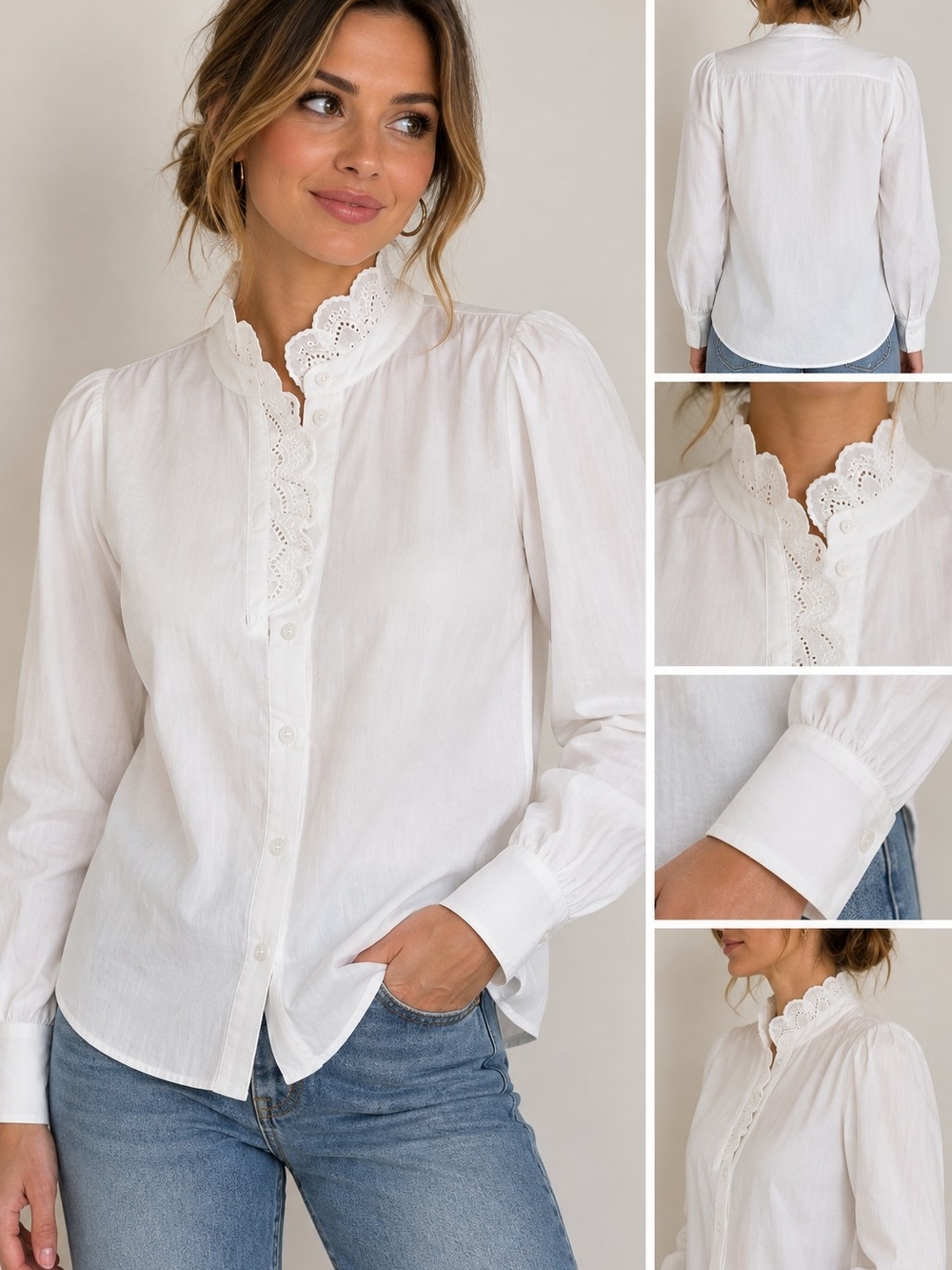 Lace-Trim High Collar Lace Trim Eyelet White Button-Front Women's Blouse Minimal